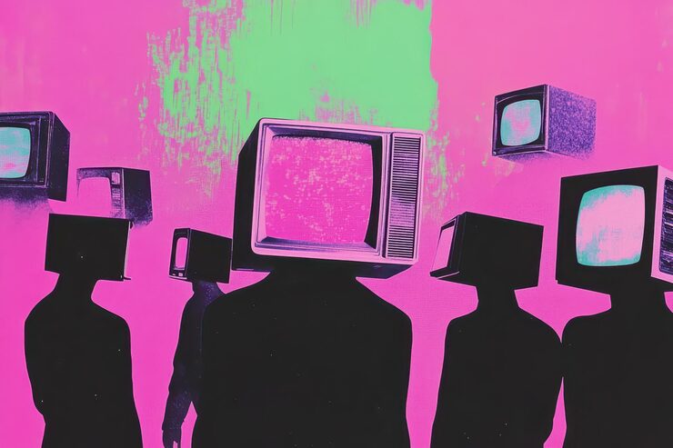 Silhuetas de pessoas com televisores no lugar da cabeça sobre fundo rosa e verde