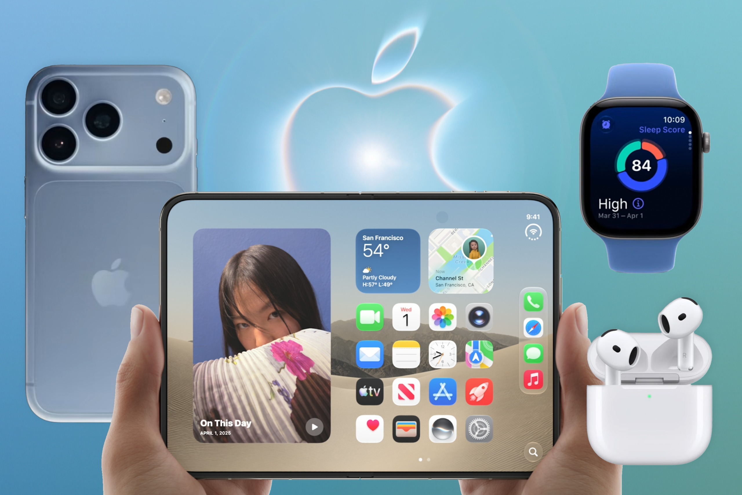 Montagem reúne o iPhone Duo aberto e sendo segurado por duas mãos, um iPhone visto pela traseira, um Apple Watch e AirPods diante do logotipo da Apple.